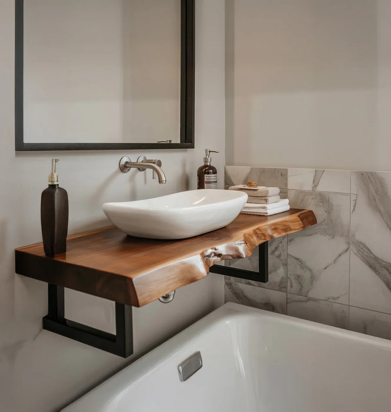 Live edge wood bathroom vanity with vessel sink above bathtub, modern minimalist design