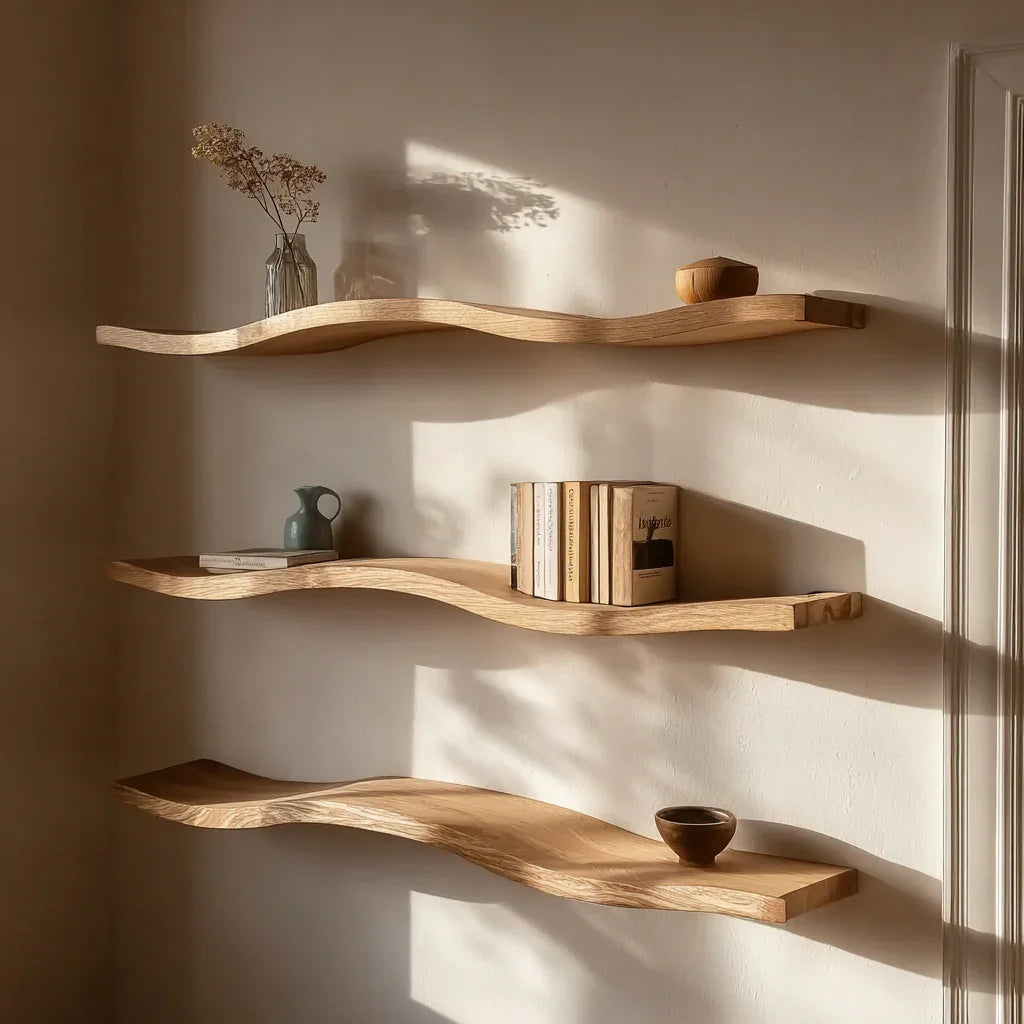 Three live edge floating wood shelves with books, vase, and decor on a sunlit wall