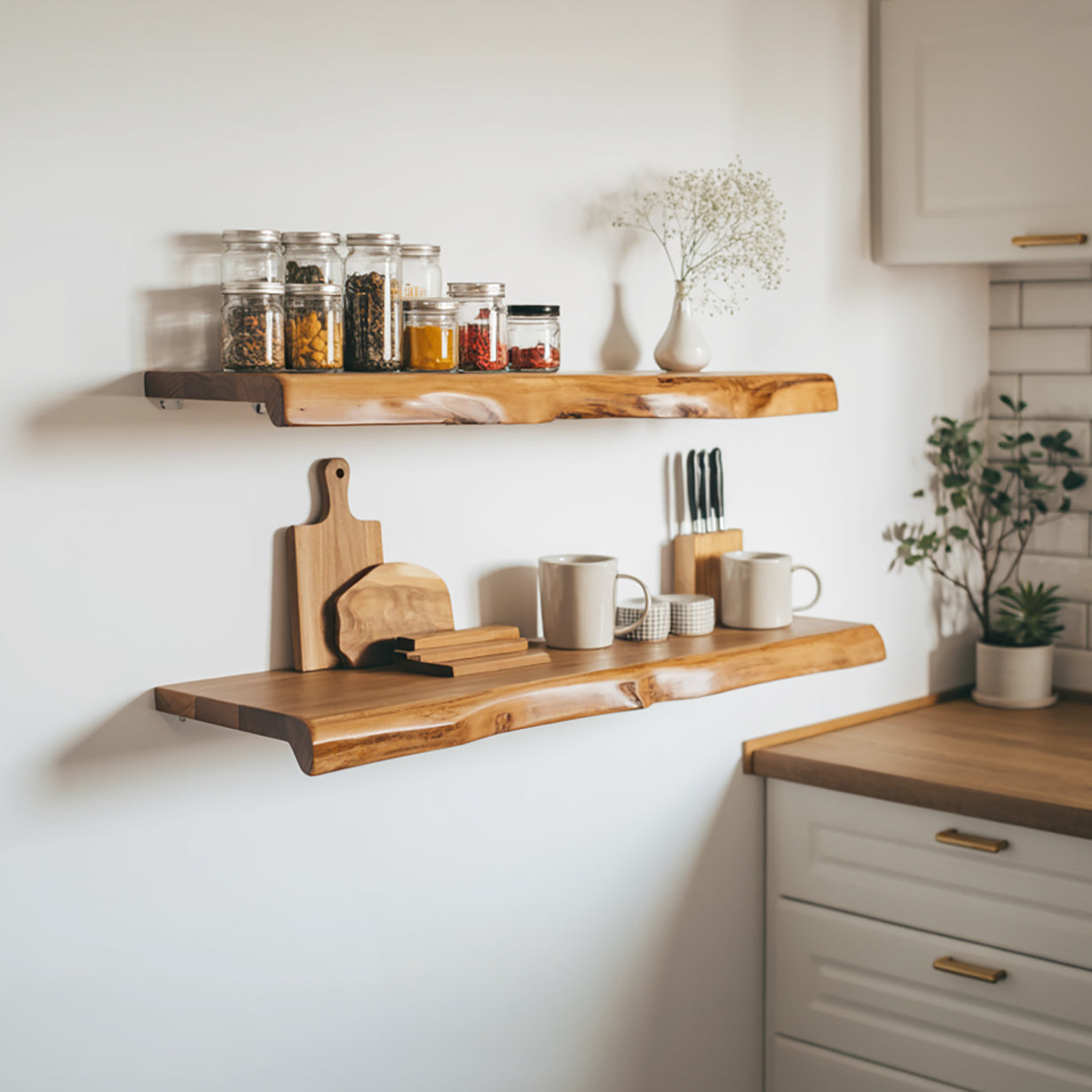 Live Edge Walnut Floating Kitchen Shelf – Solid Wood Wall-Mounted Storage