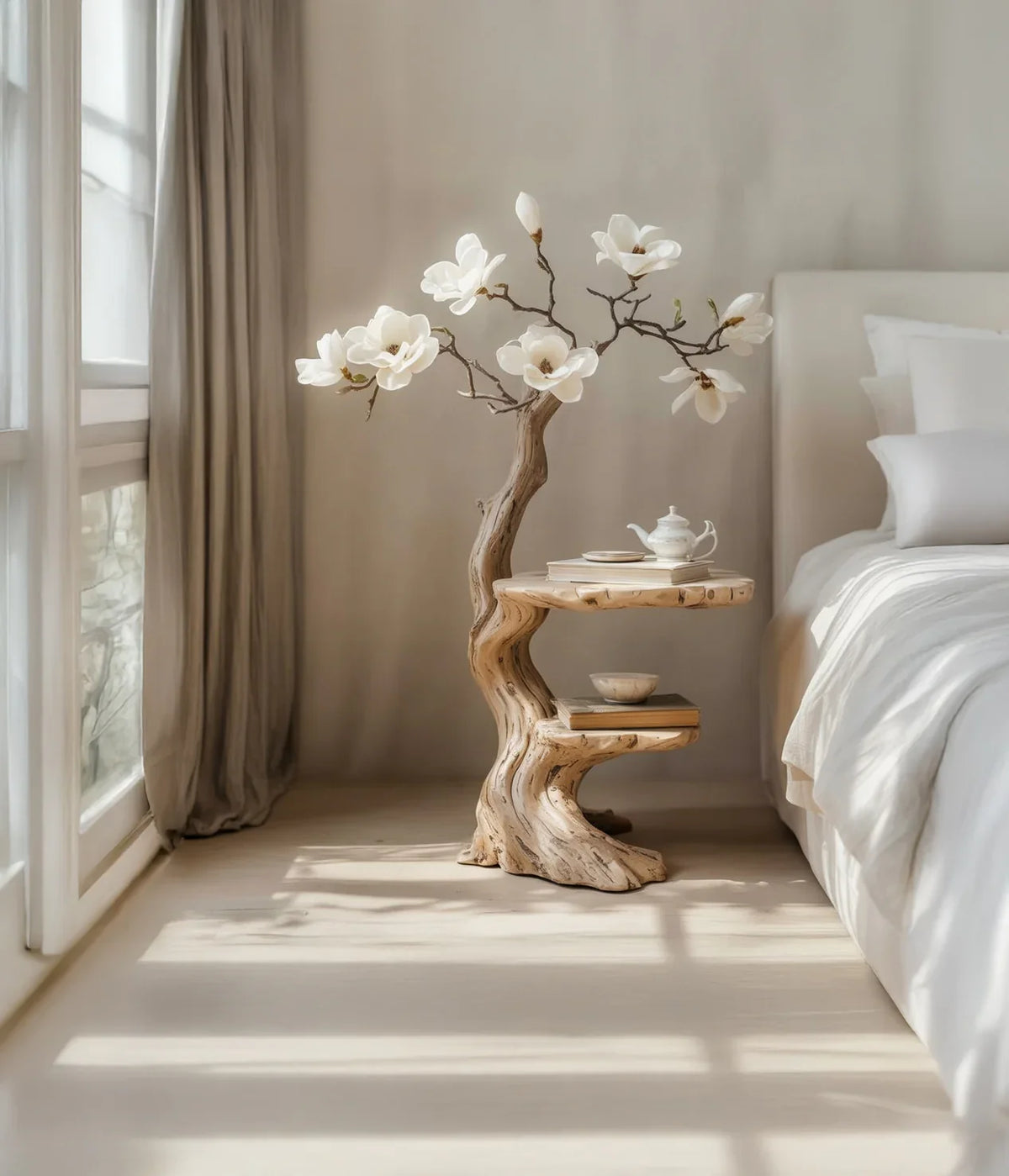 Live edge solid wood bedside table with sculpted branches and white flowers in a sunlit bedroom