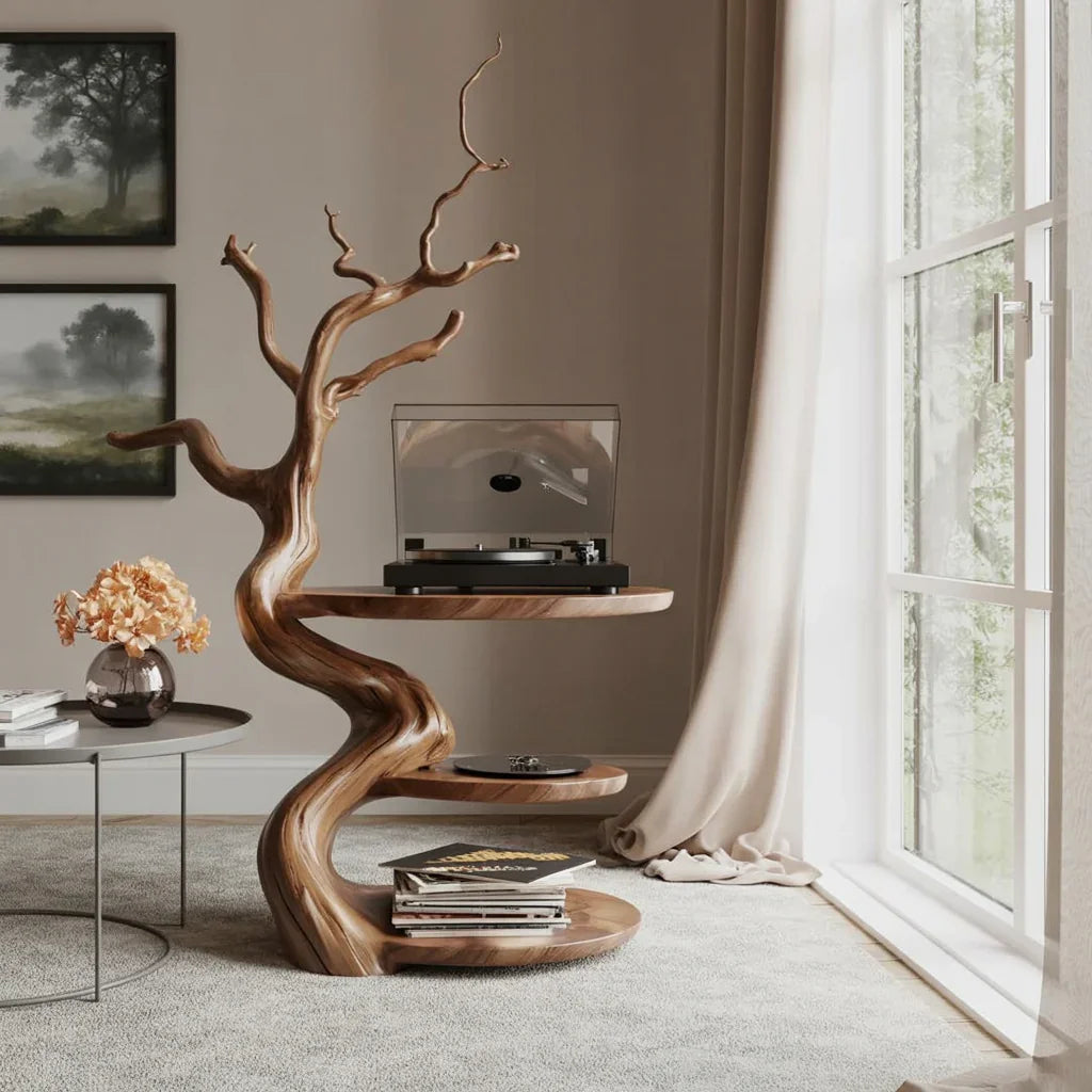 Live edge solid wood tree bookshelf with vinyl records and turntable in a modern living room