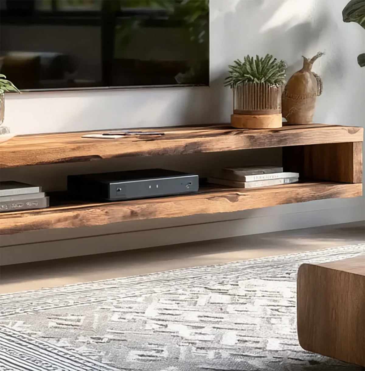 Modern living room wooden floating TV console with potted plants, books, and media device