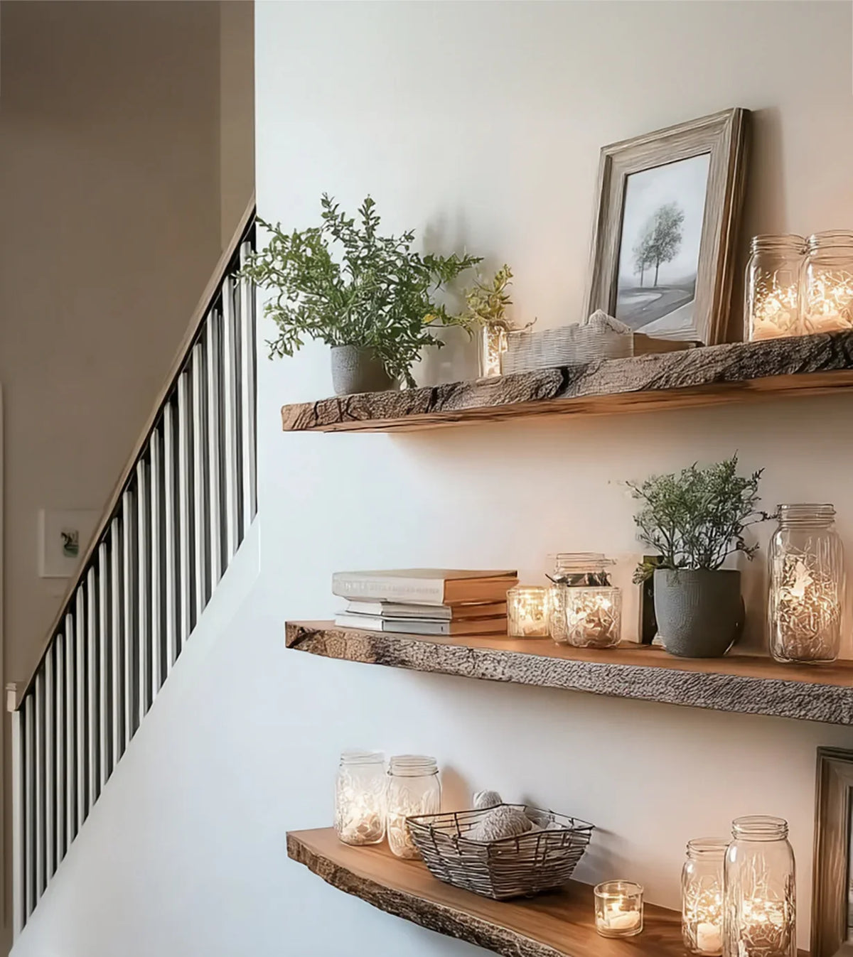 Rustic wooden shelves decorated with potted plants, books, illuminated mason jars, and framed photo