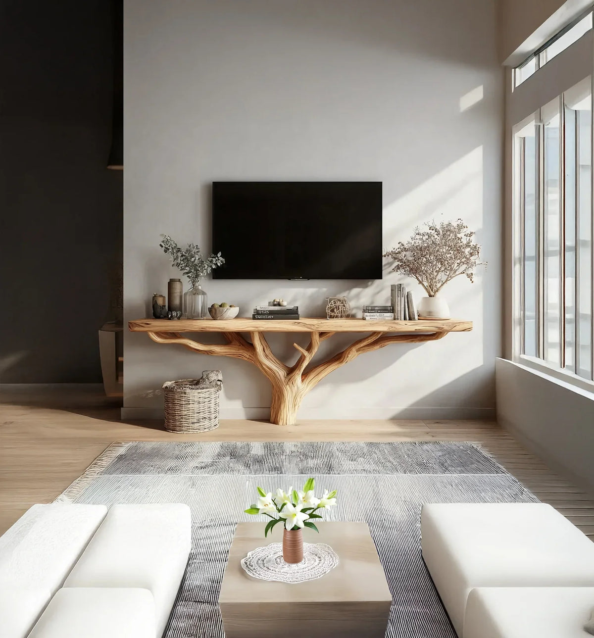 Modern living room with a tree branch-inspired solid wood console table, TV, and natural decor.