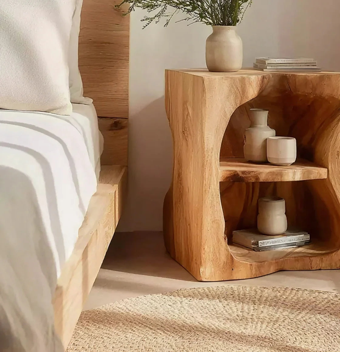 Live edge solid wood nightstand with natural finish beside bed, styled with ceramic decor