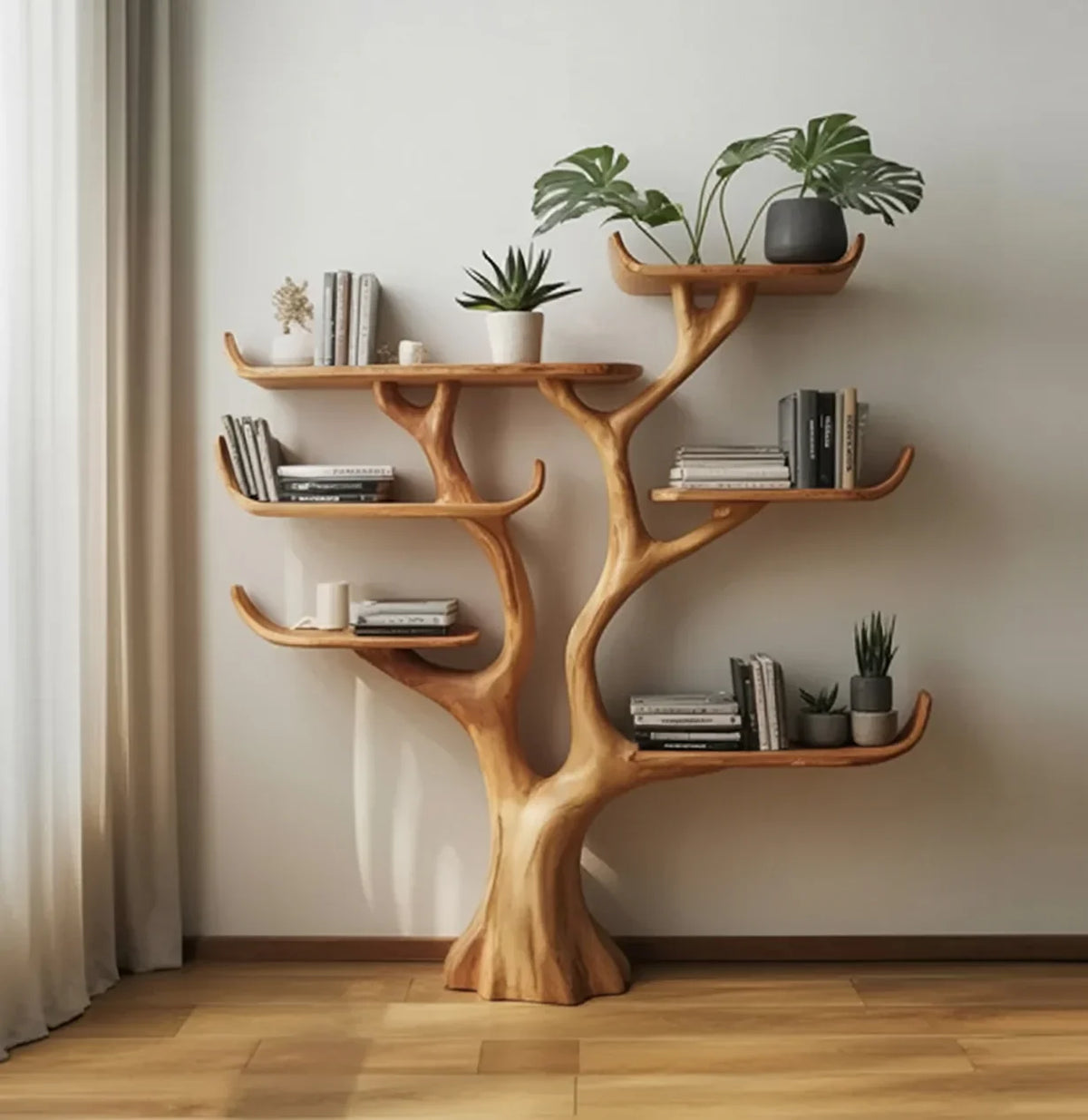Solid wood tree bookshelf with live edge shelves, holding books and potted plants in a modern room
