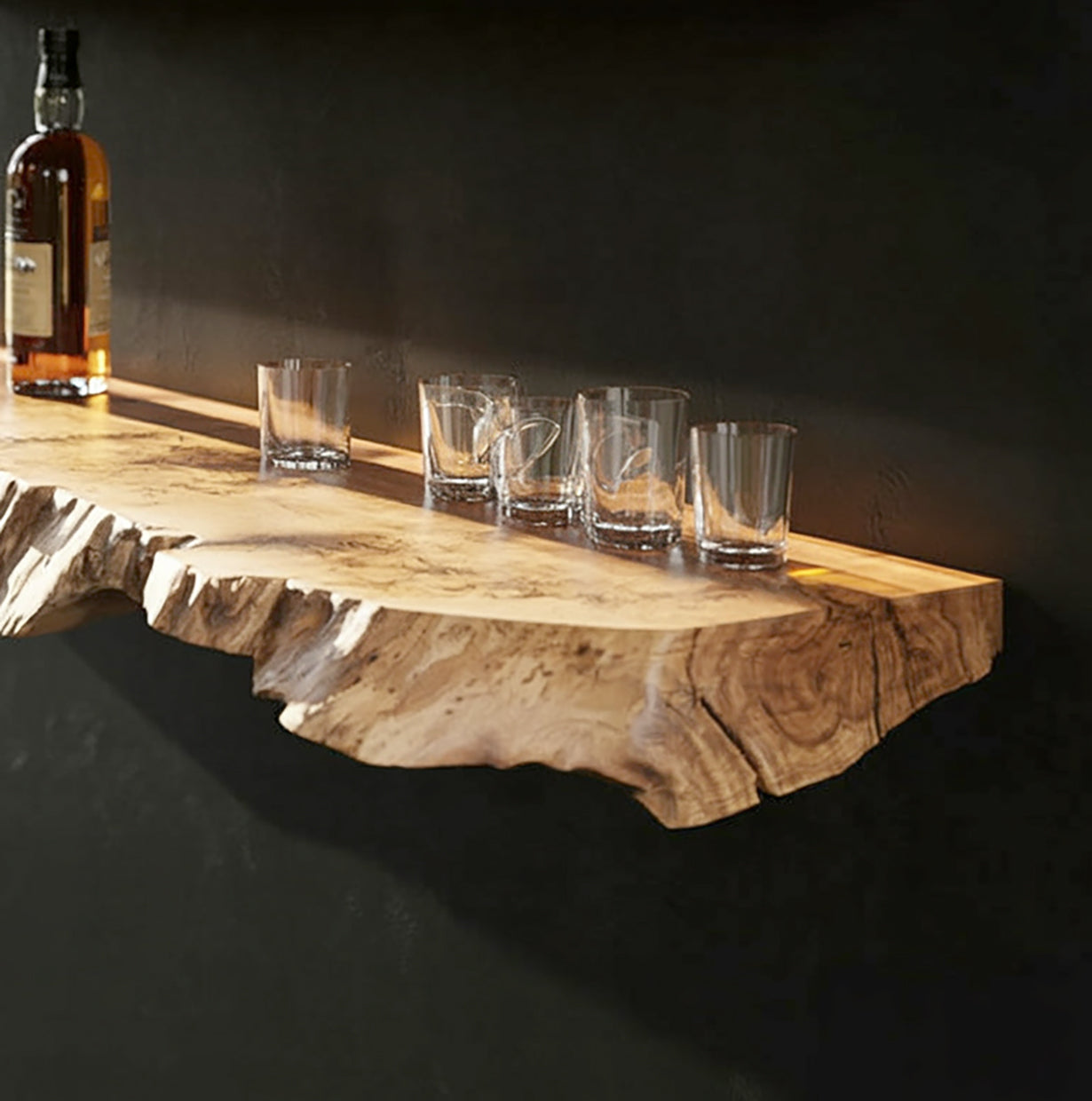 Modern Live-Edge Floating Shelf for Glassware & Bottles | Natural Wood Bar Shelf