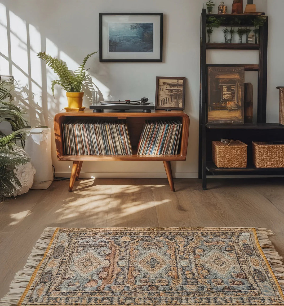 Mid-century modern wooden record console with vinyl collection, vintage rug, and natural sunlight
