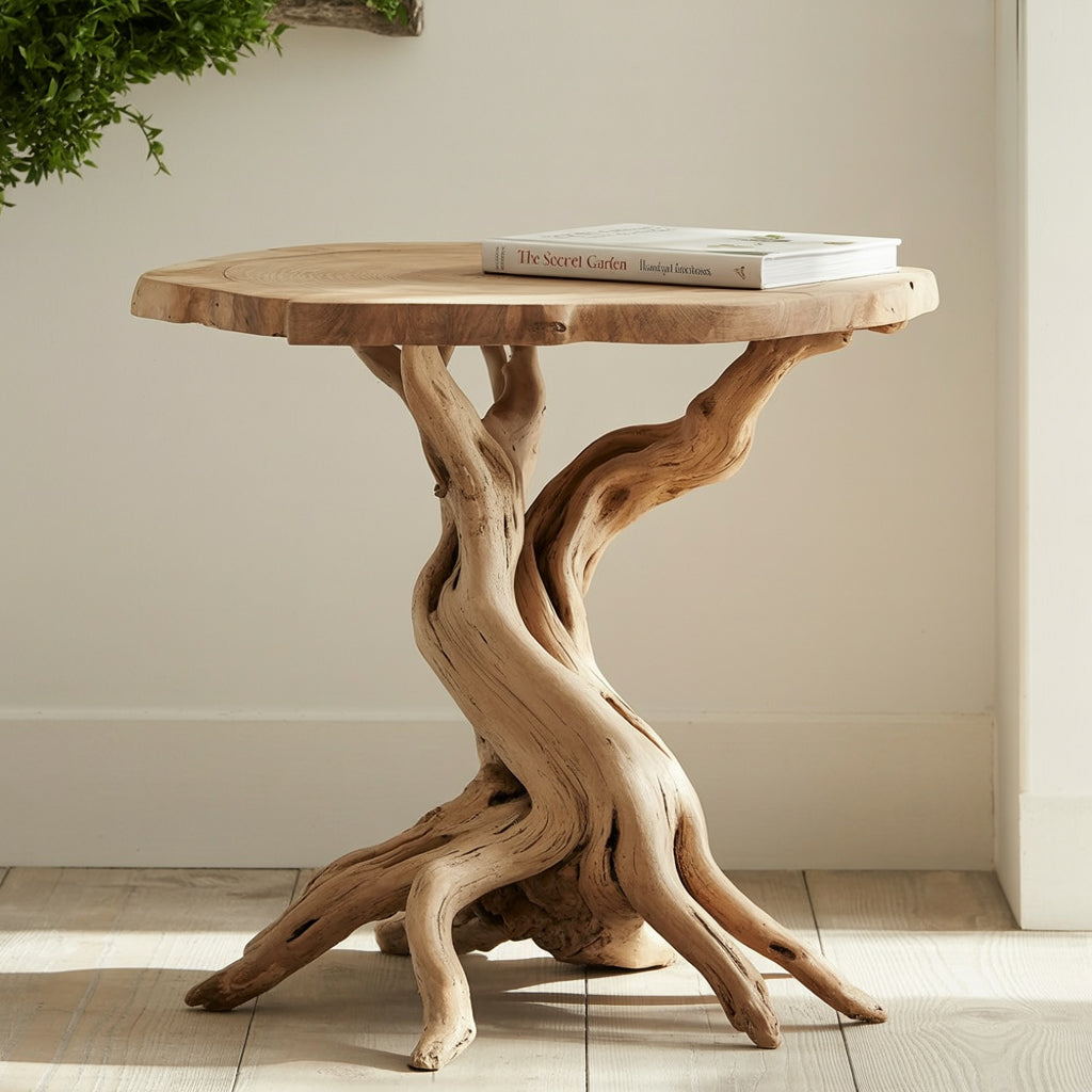 Natural wood side table with twisted driftwood base and round wooden top holding a book
