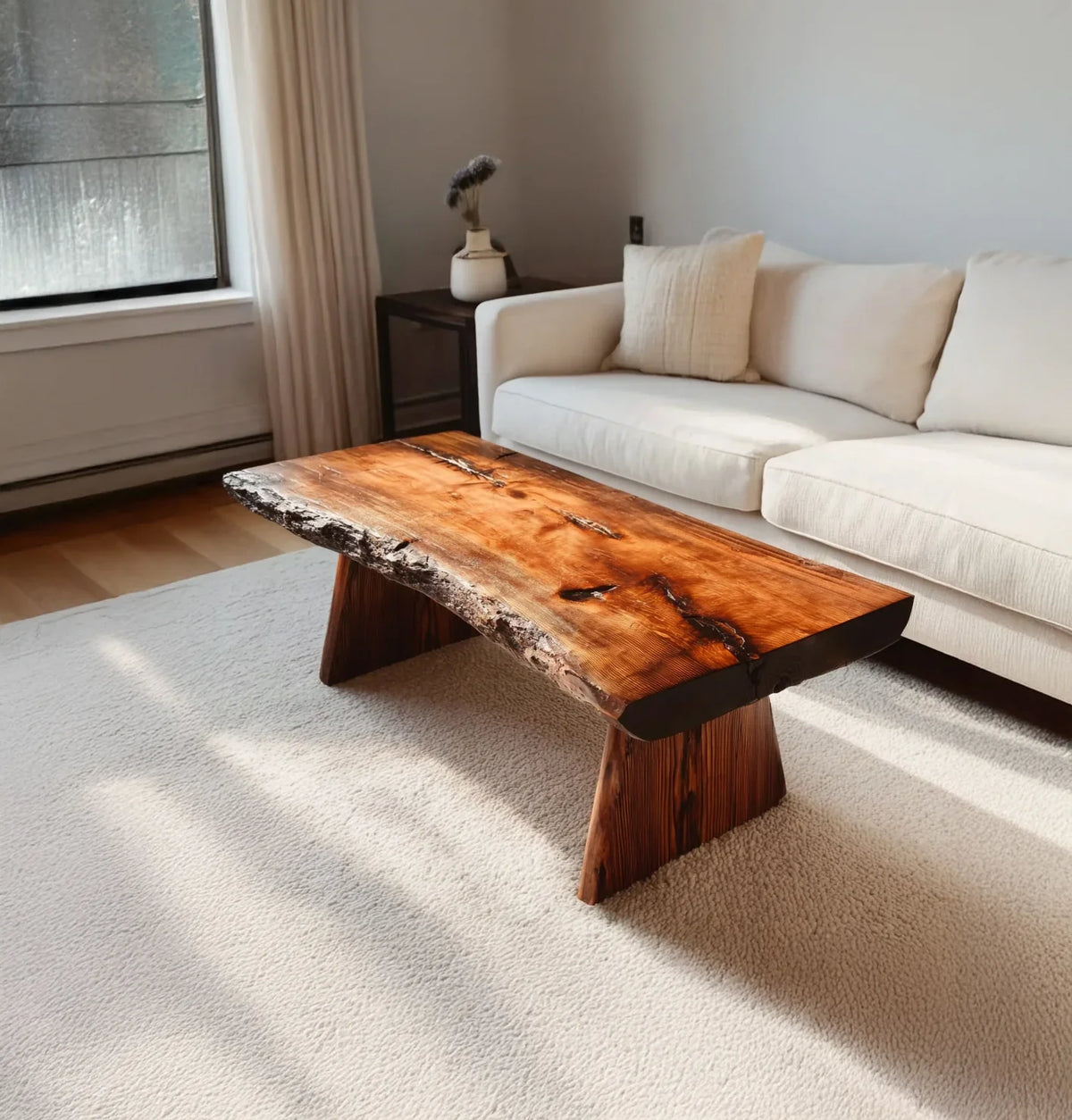 Living room with natural wood live edge coffee table on beige carpet beside white sofa and window