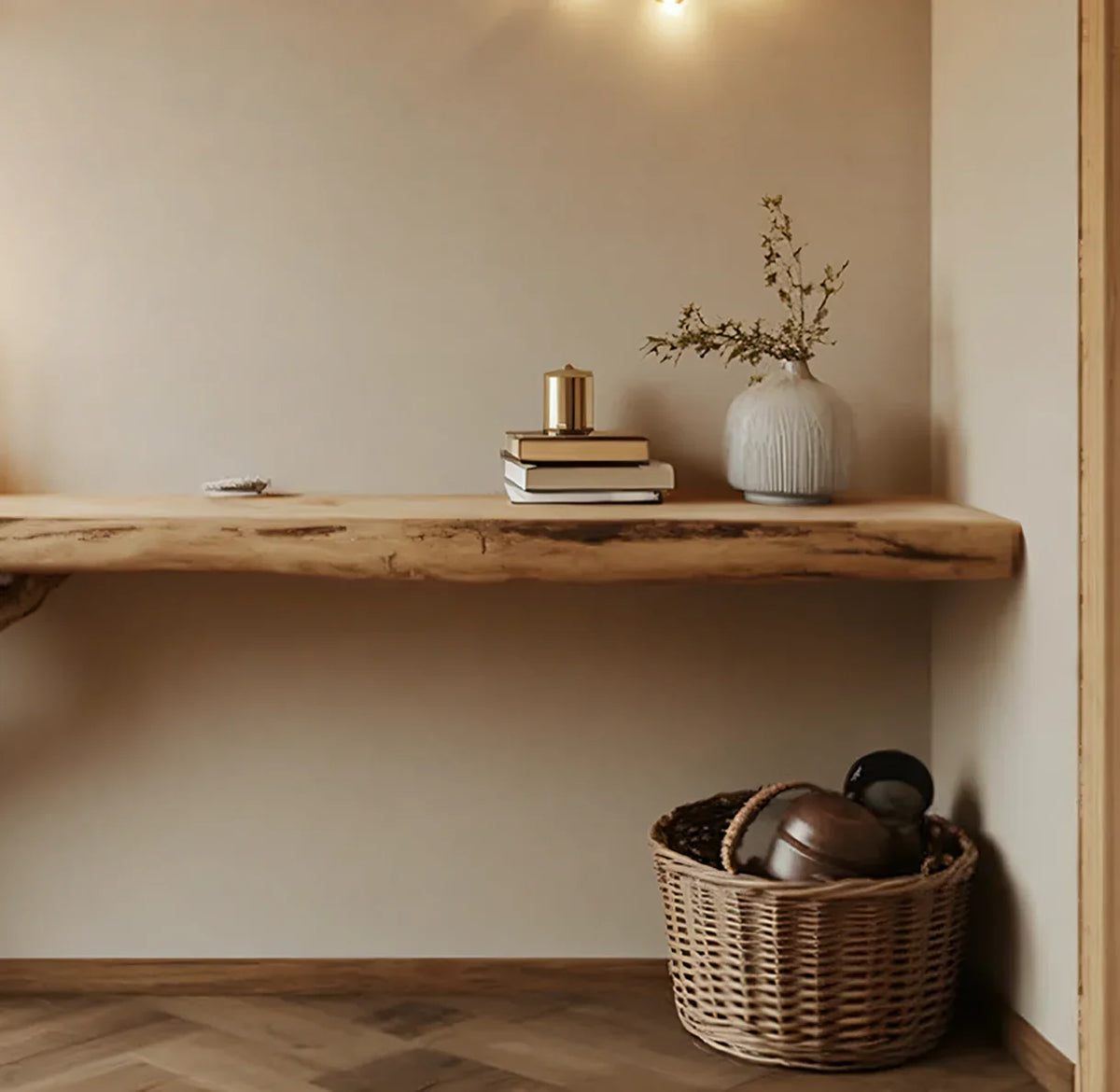 Floating live edge wood shelf with books, decorative vase, and a wicker basket below