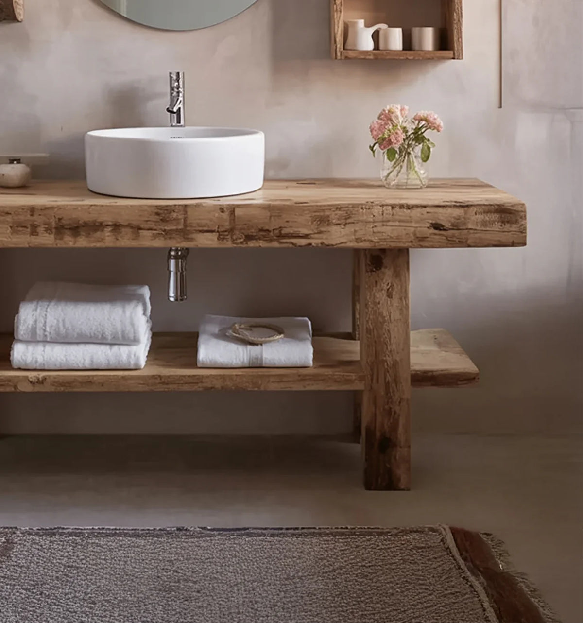 Sustainably crafted solid wood bathroom vanity with vessel sink and floating shelves