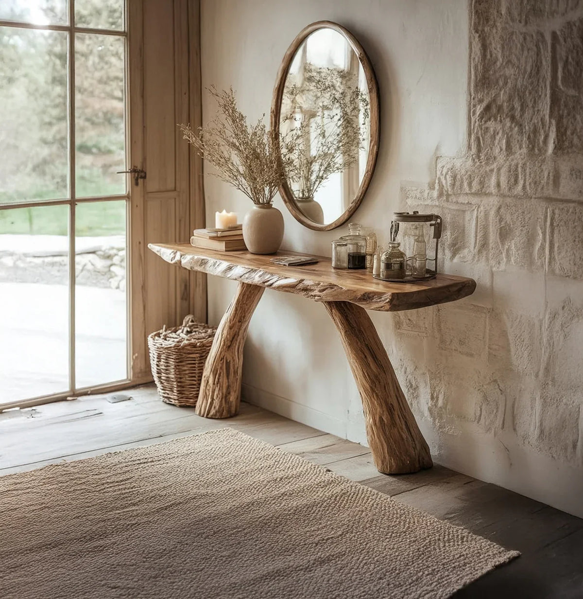 Live edge solid wood console table in rustic entryway with mirror and decor