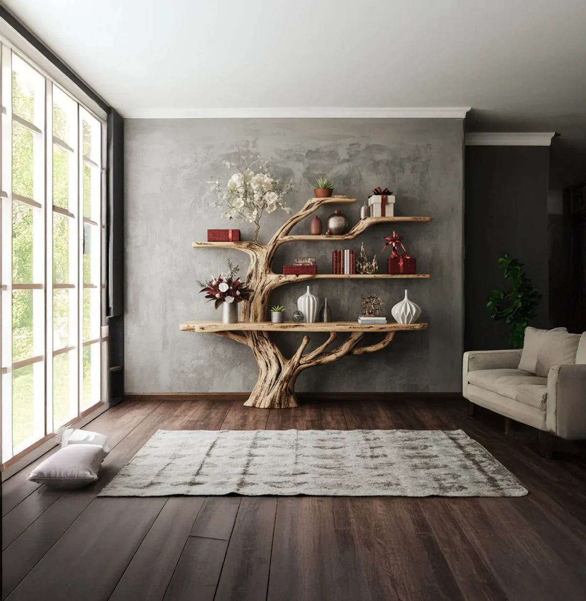 Modern living room with wooden tree-shaped bookshelf, gray sofa, large window, and rug