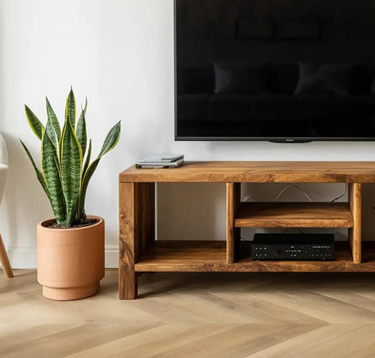 Modern living room with a wooden TV stand, flat-screen TV, potted snake plant, and light hardwood floors