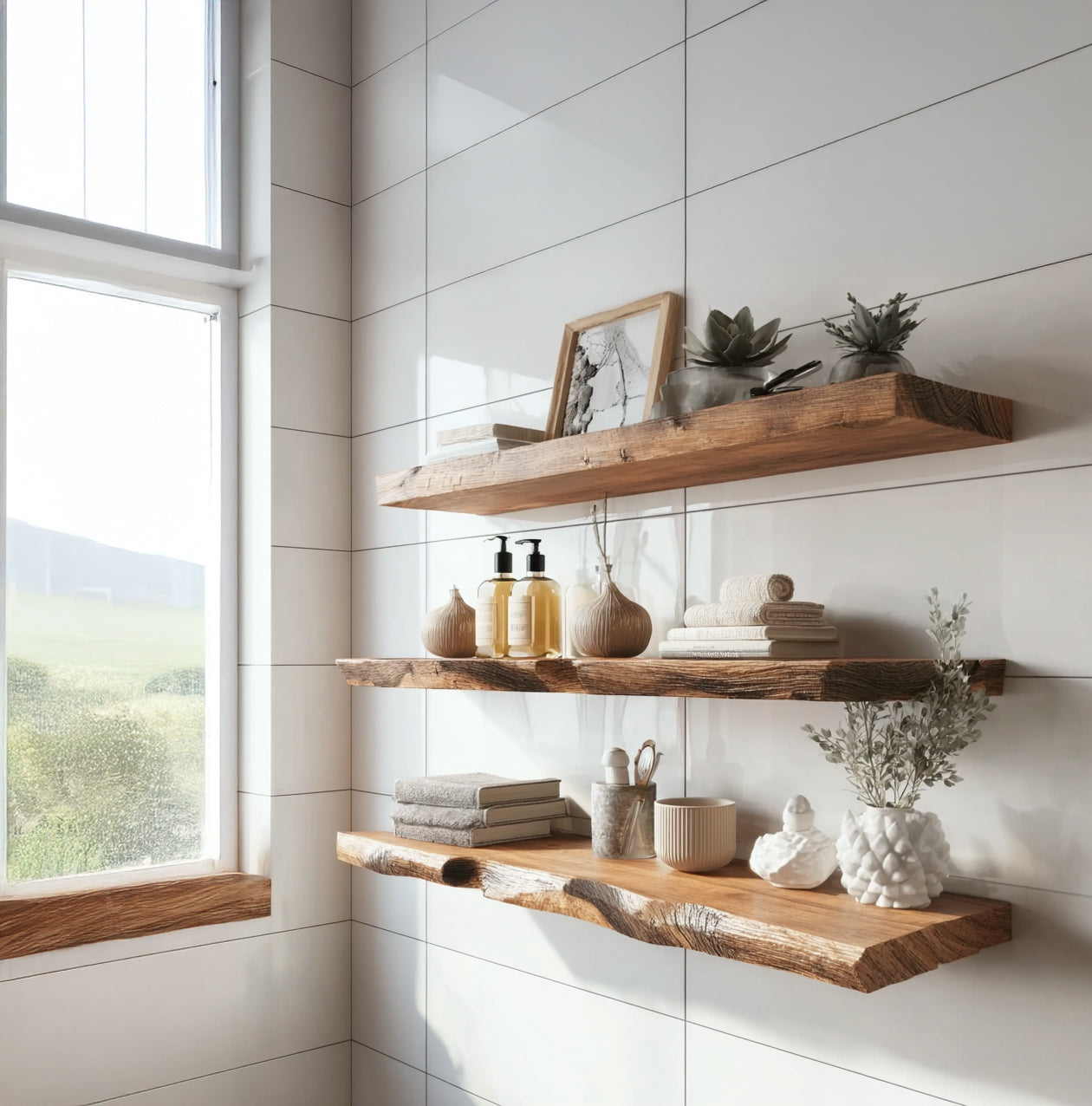 Rustic wooden floating shelves with decor and toiletries in bright bathroom near window