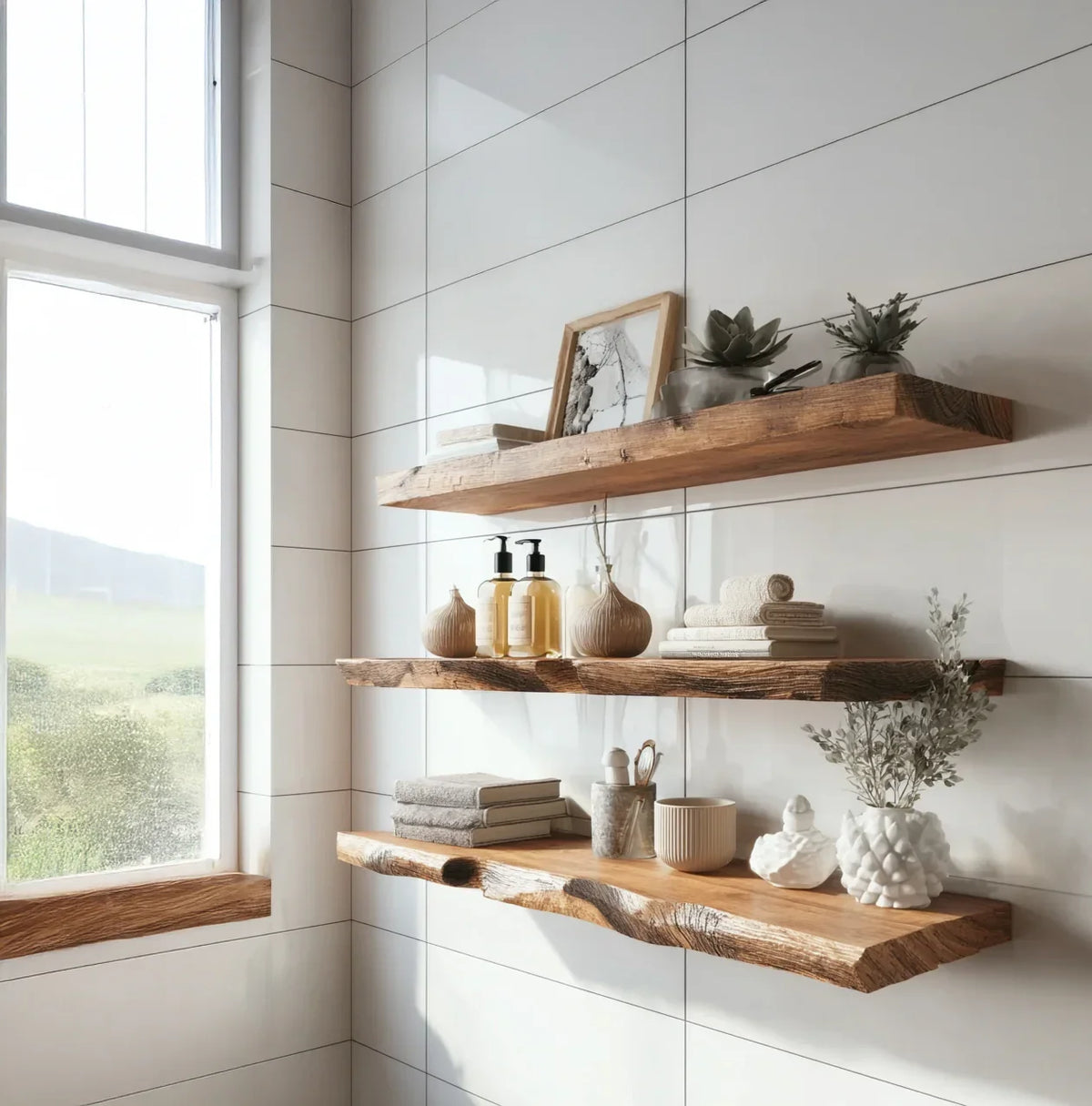 Rustic wooden floating shelves with decor and toiletries in bright bathroom near window