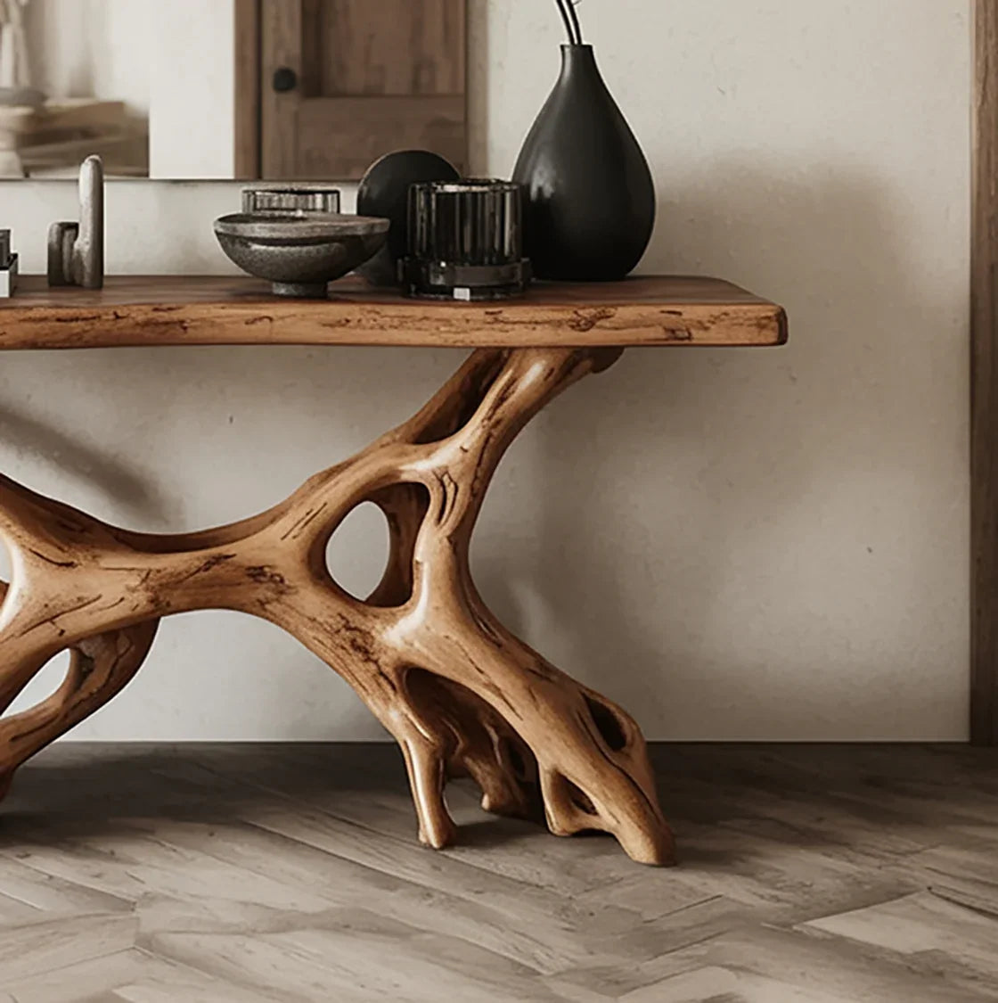 Live edge solid wood console table with natural tree root base in modern interior