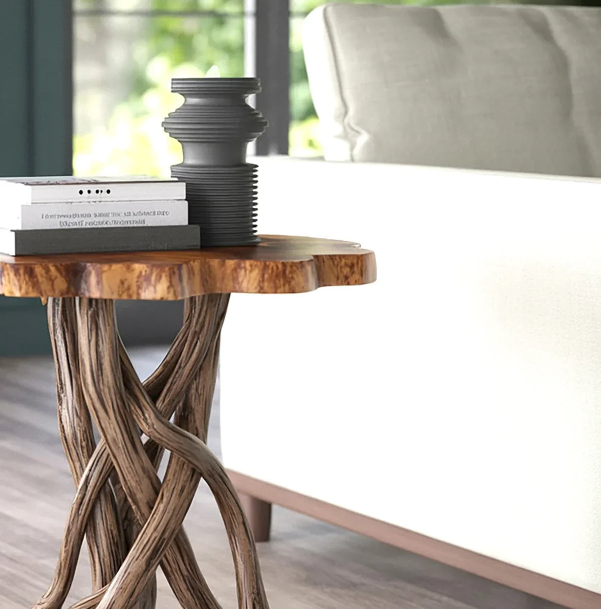 Live edge solid wood side table with twisted wooden legs beside a modern sofa