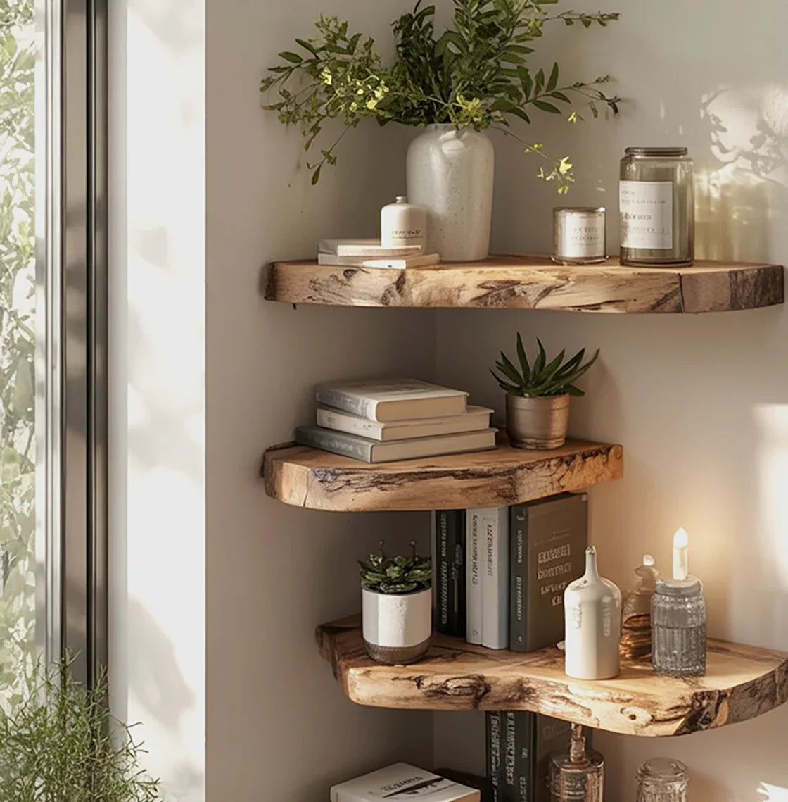 Natural wood corner shelves with books, potted plants, candles, and decorative vases in cozy sunlight