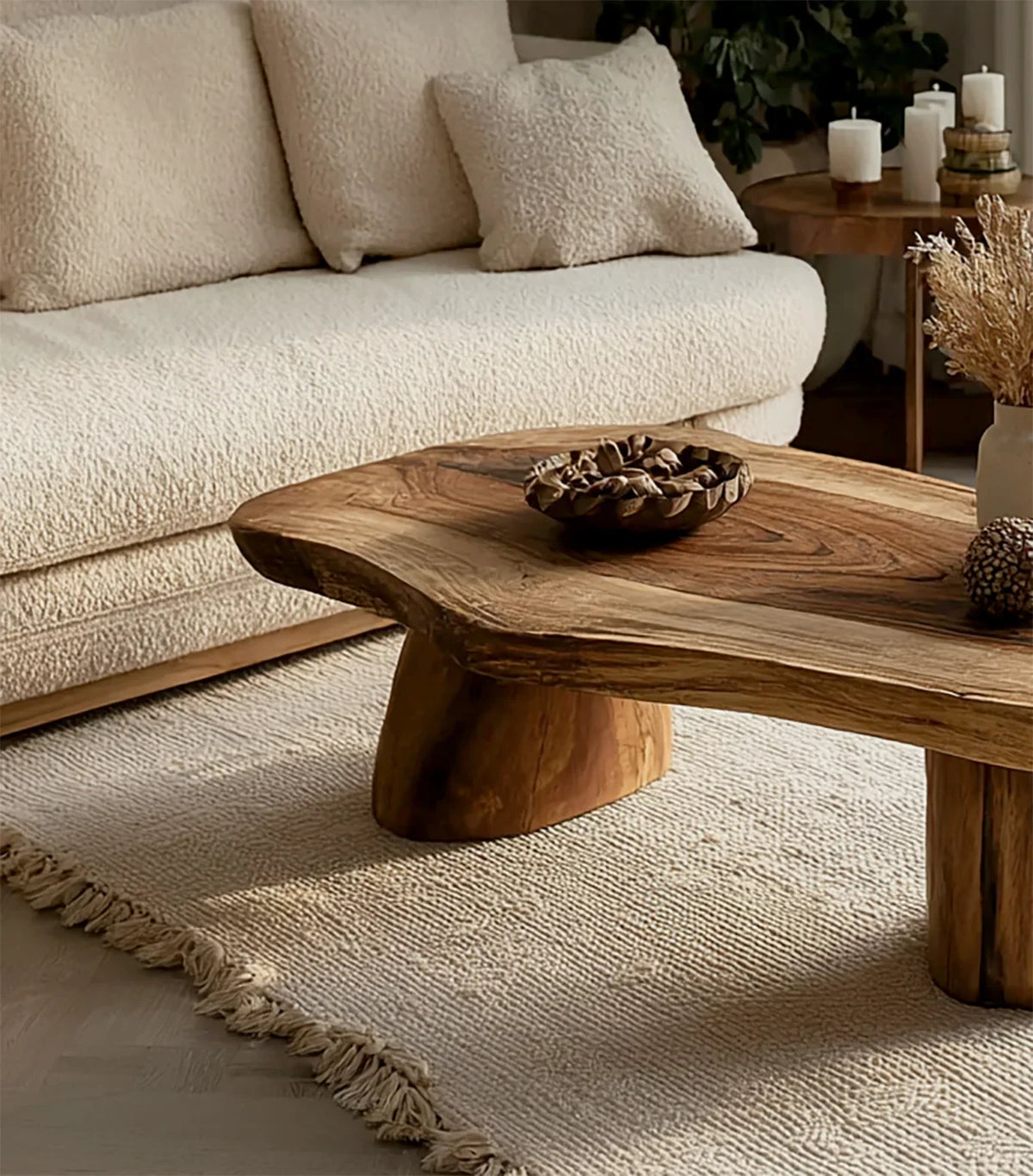 Cozy living room with a textured beige sofa, natural wood coffee table, and neutral woven rug