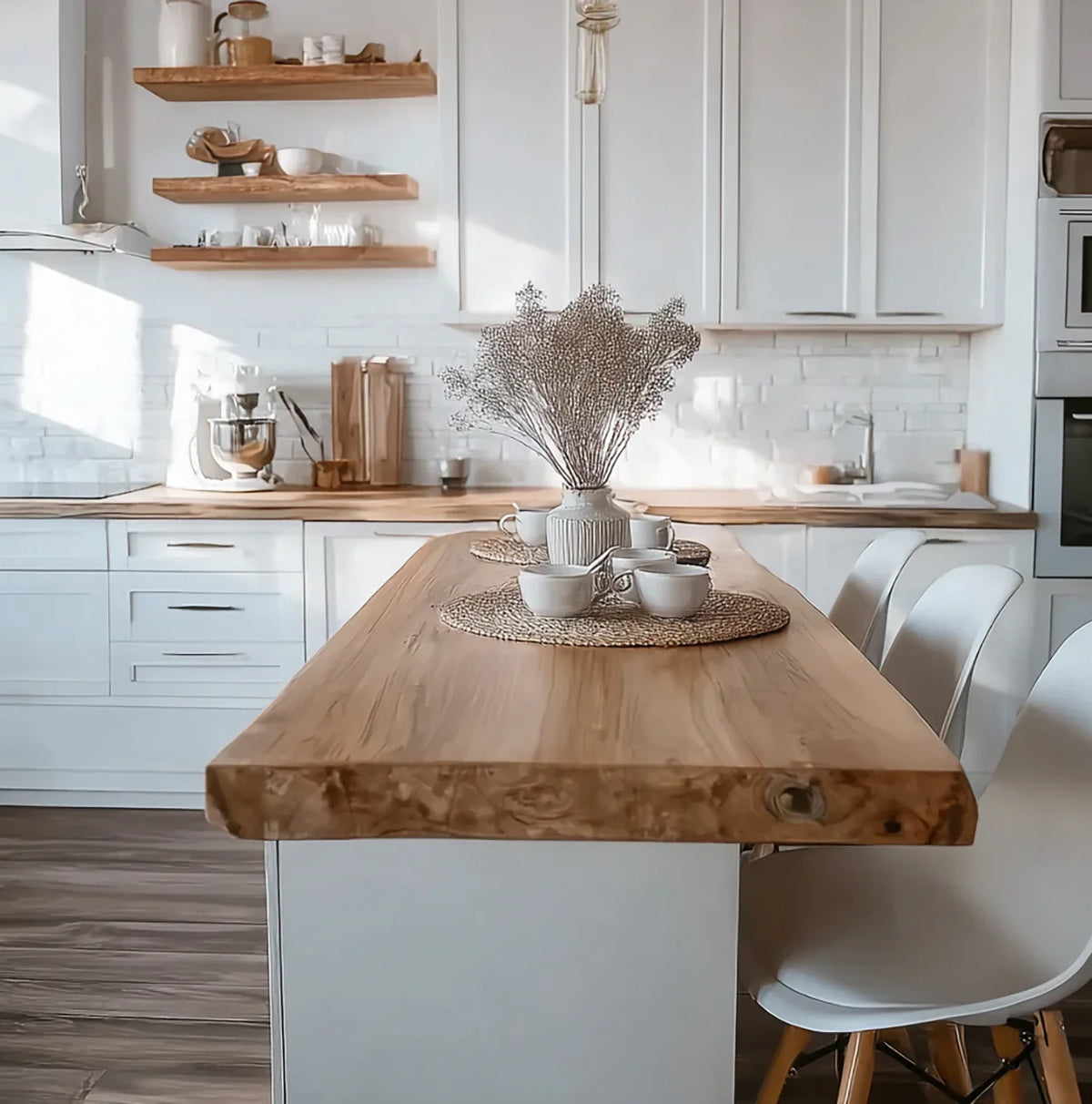 Modern kitchen with live edge wood island, white cabinets, floating shelves, and minimalist decor