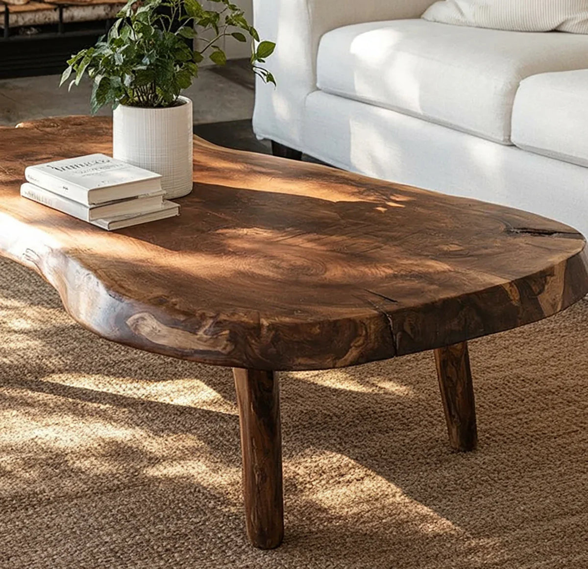 Live edge solid wood coffee table in a living room, with books and a plant on top.
