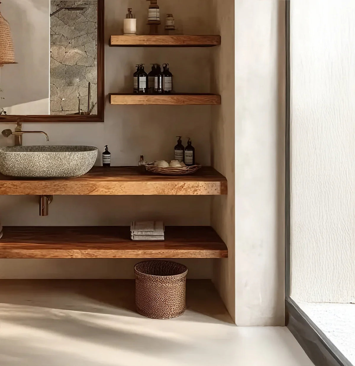 Modern bathroom with live edge wooden shelves, stone sink, and natural light.