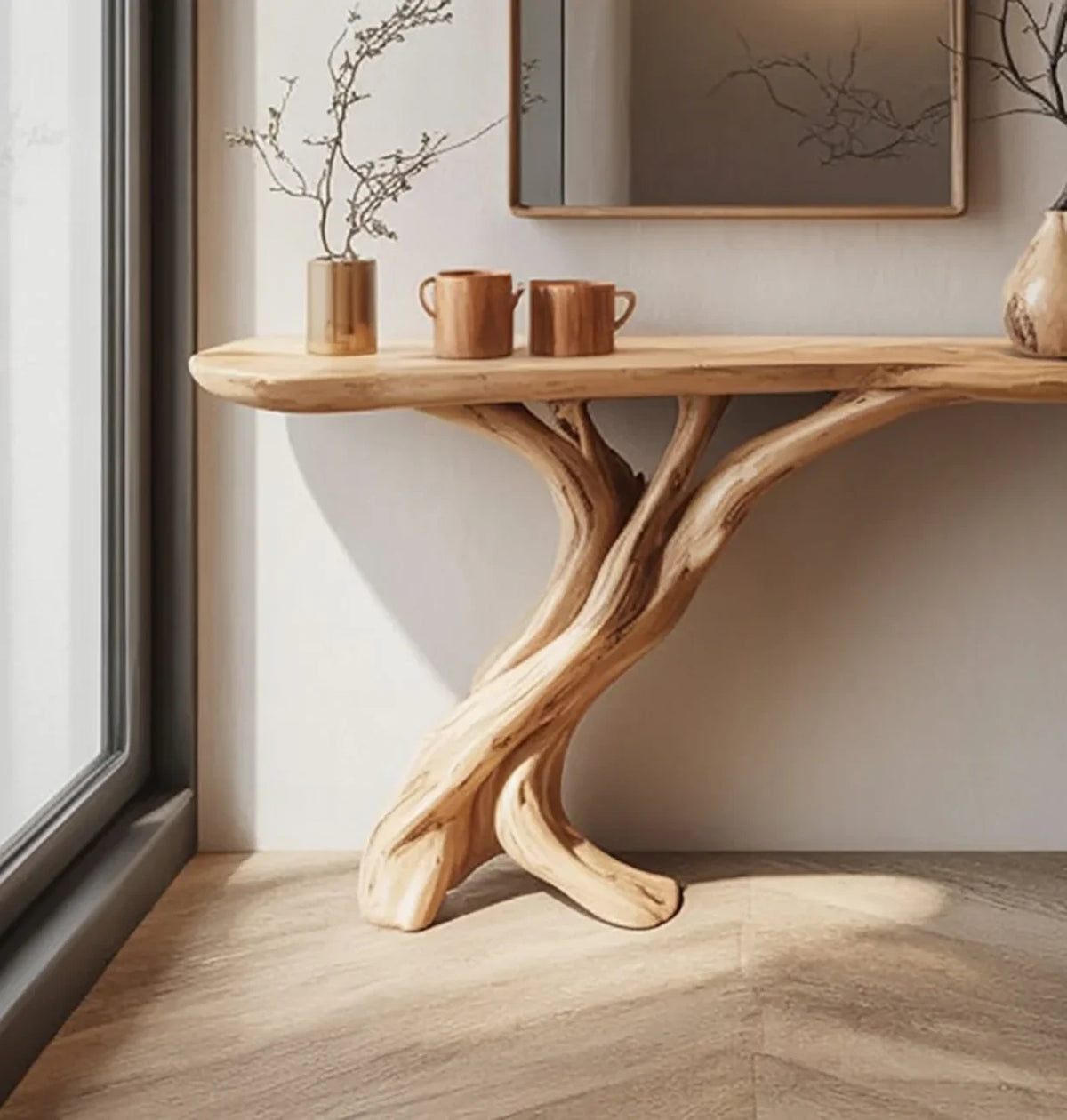 Sustainably crafted live edge wood table with tree branch base, minimal decor, and modern setting