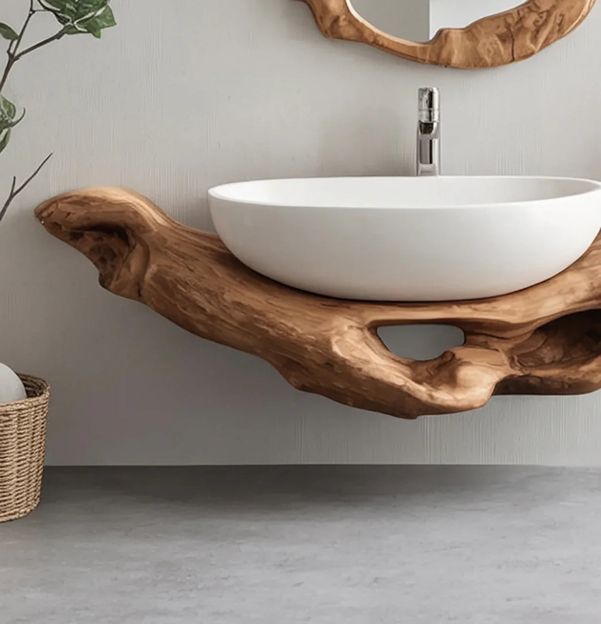 Live edge solid wood floating vanity with white vessel sink in modern bathroom