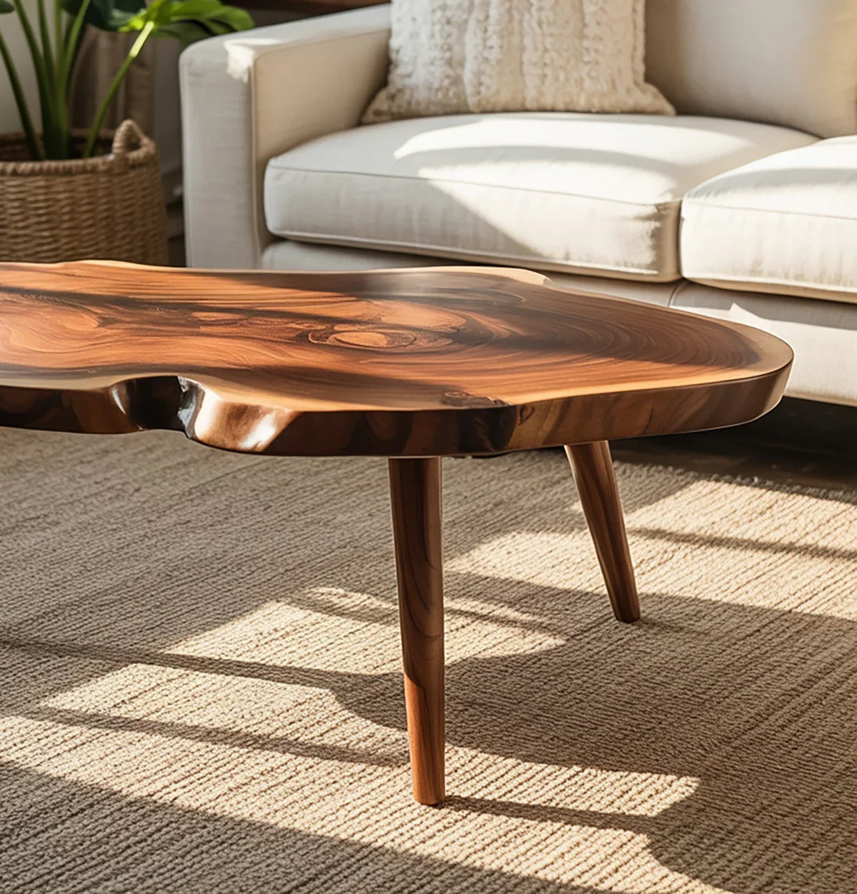 Live edge solid wood coffee table in a sunlit living room with neutral decor