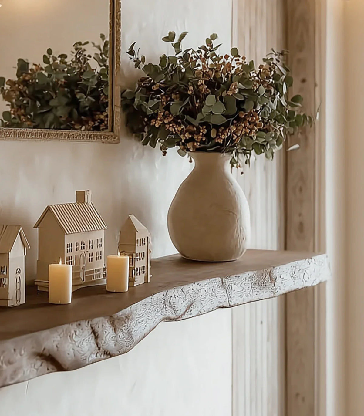 Rustic wooden shelf with ceramic vase of dried flowers, small wooden house decor, and lit candles