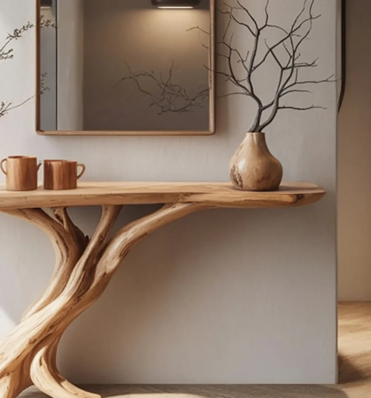 Live edge solid wood console table with unique branch legs, ceramic mugs, and vase decor
