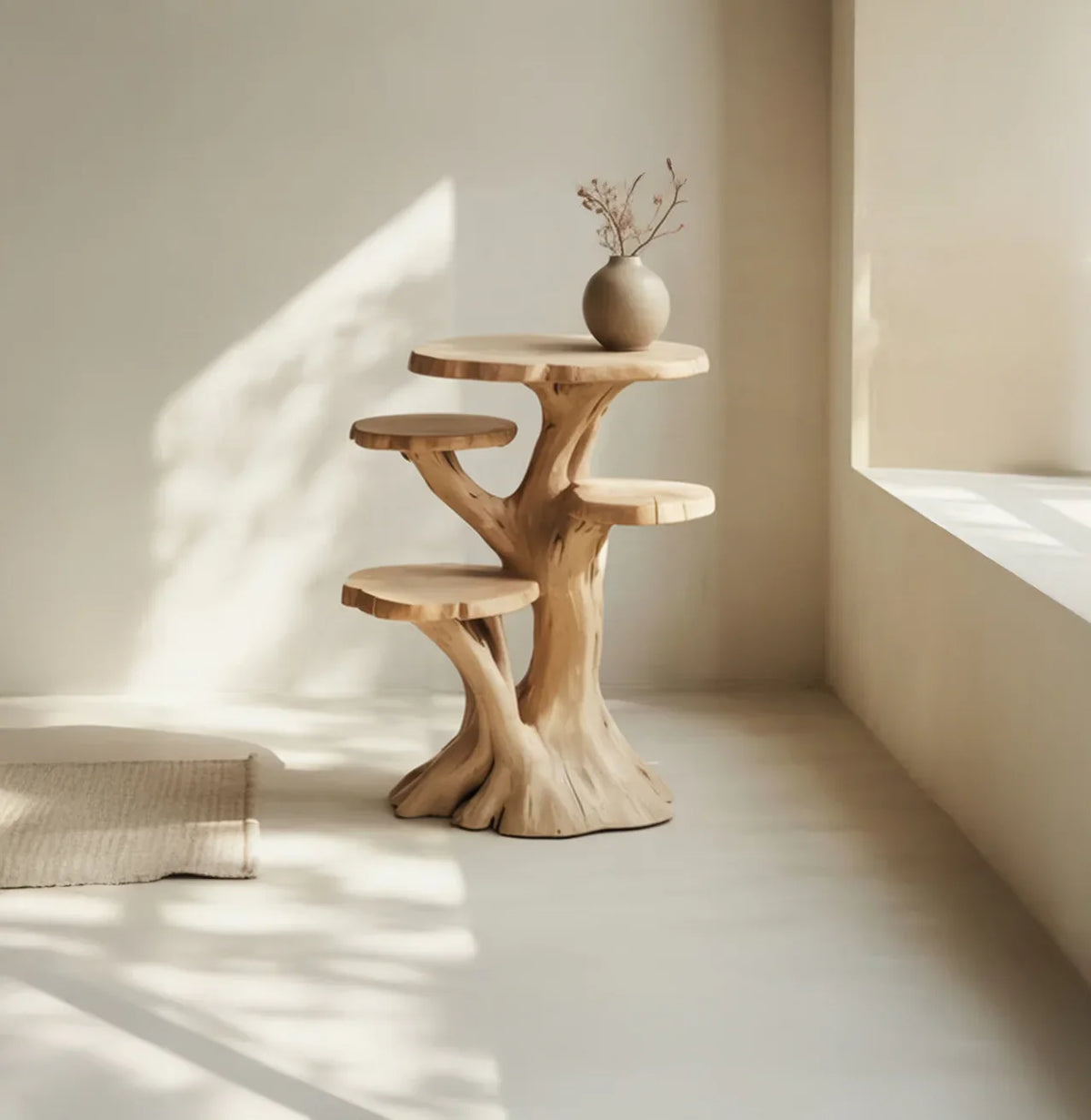 Solid wood tree bookshelf with natural finish and sculpted branches in sunlit modern room