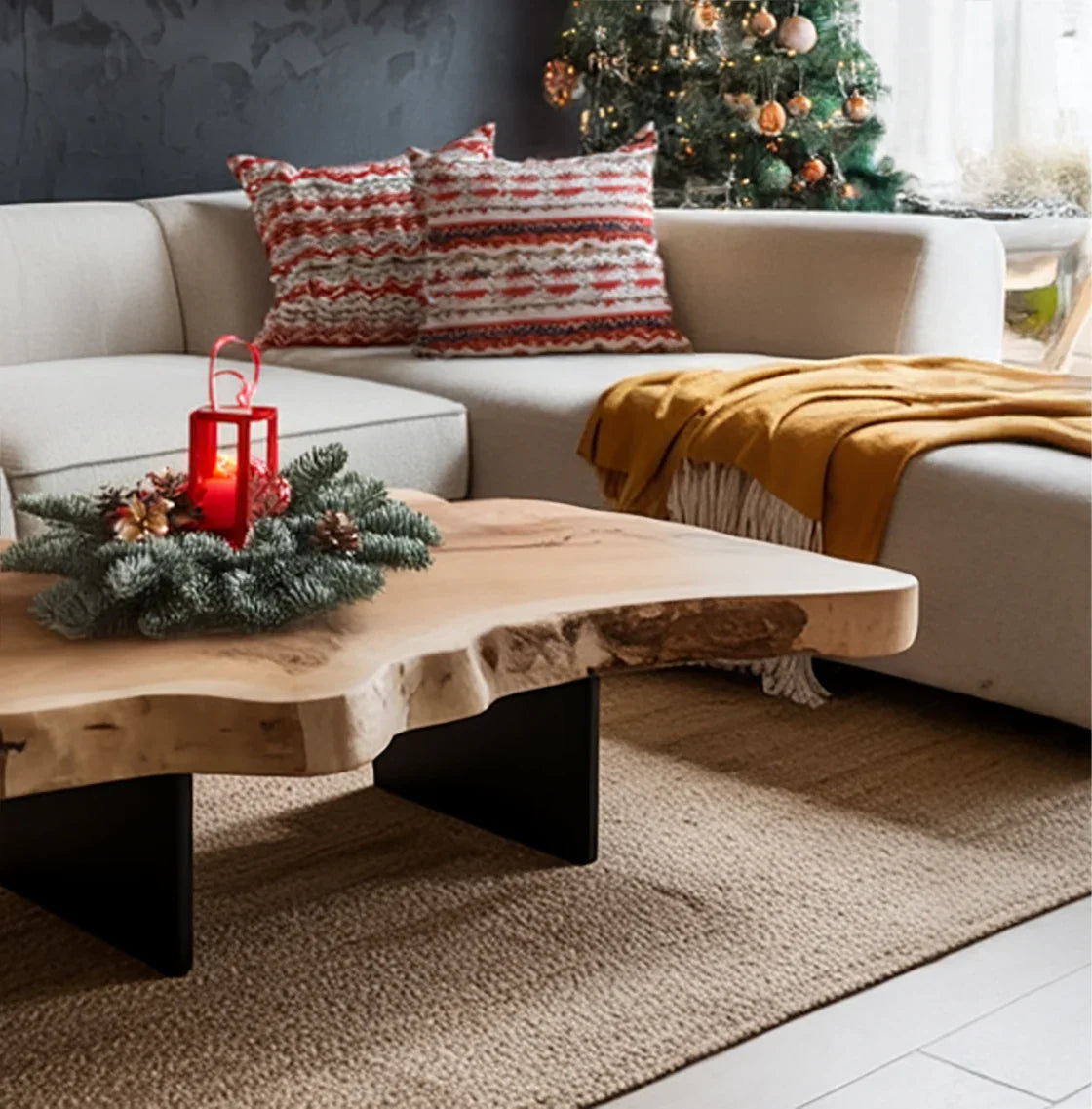 Modern living room with sectional sofa, patterned cushions, wooden coffee table, Christmas decor
