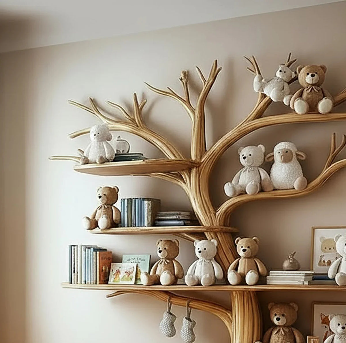 Solid wood tree bookshelf with plush toys, books, and floating shelves in a cozy room.