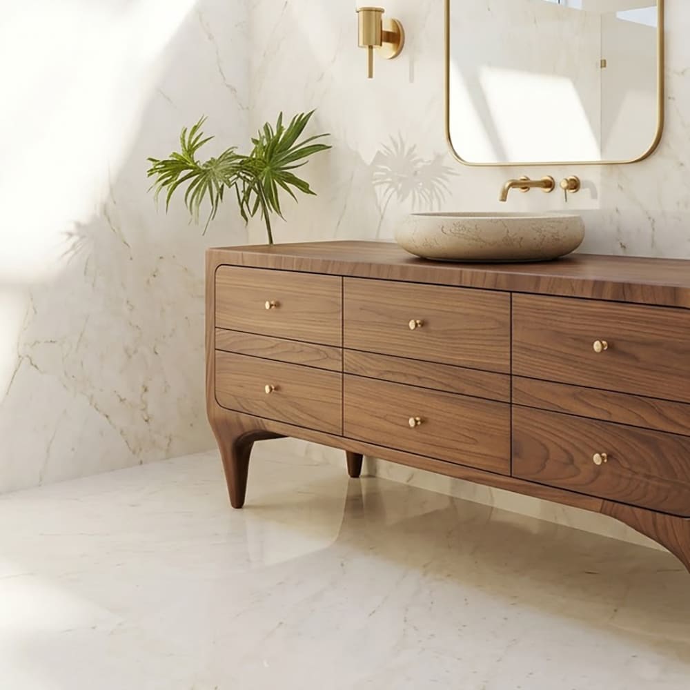 Sculptural solid wood floating vanity featuring intricate hand-carved circular patterns