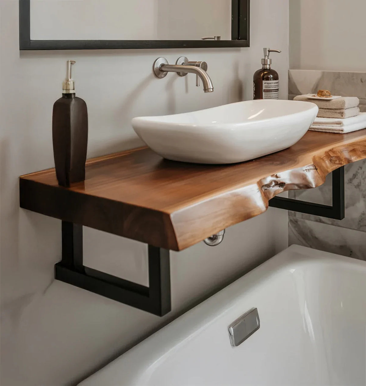 Live edge solid wood floating bathroom vanity with vessel sink and wall-mounted faucet