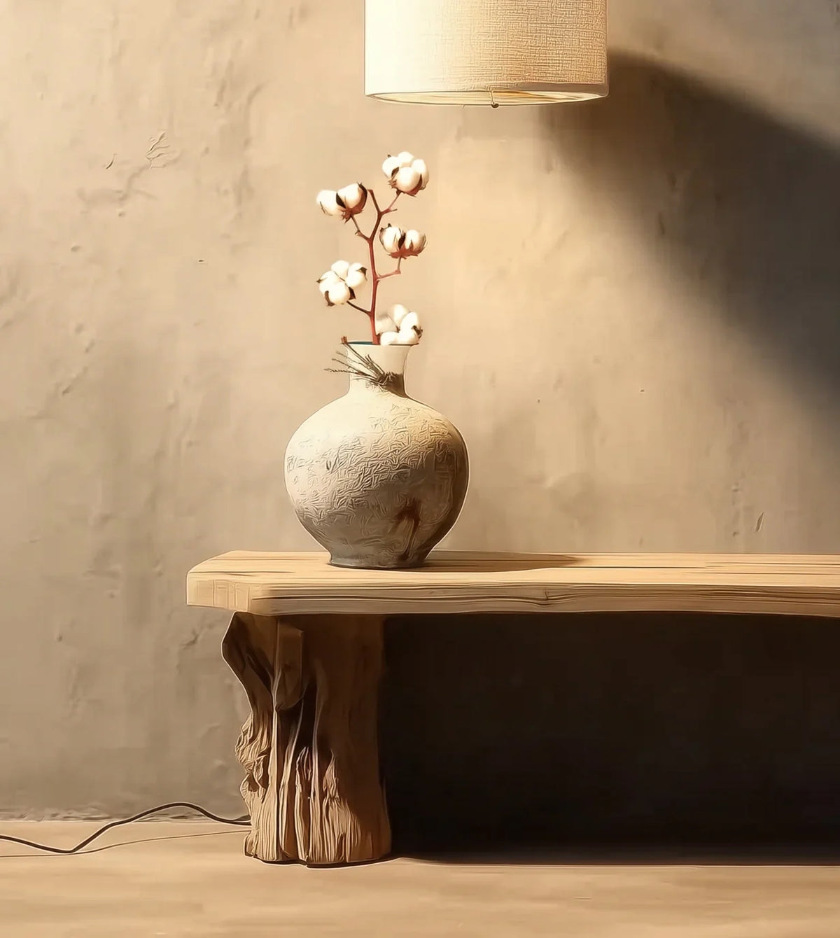 Live edge solid wood bench with textured vase and cotton flowers in a minimalist room