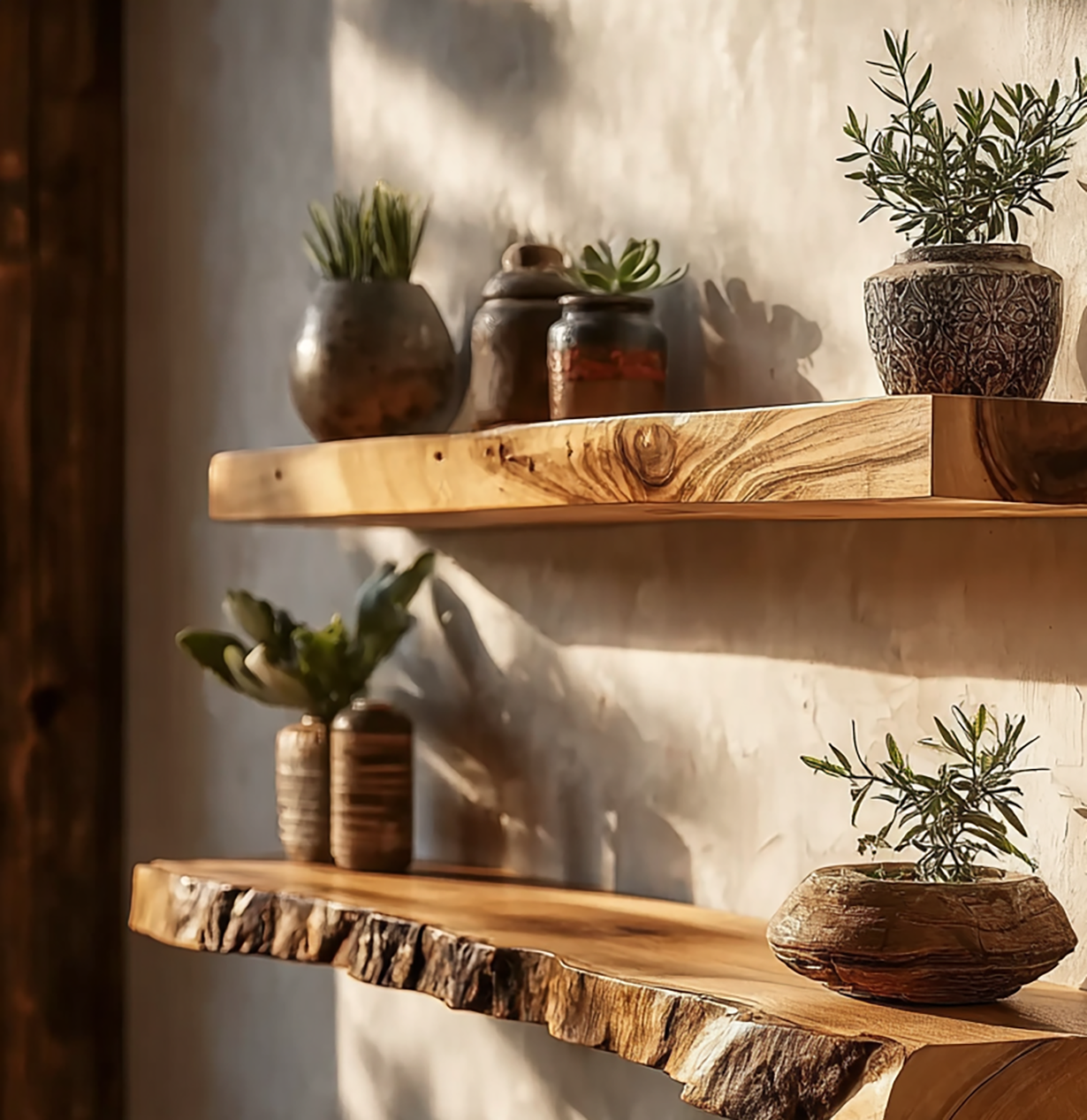 Rustic wooden floating shelves decorated with potted plants and ceramic jars in warm sunlight