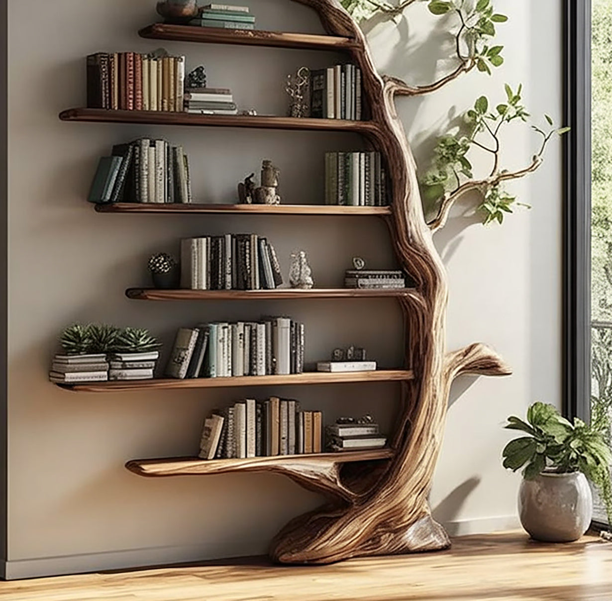 Solid wood tree bookshelf with live edge shelves, books, plants, and natural light.