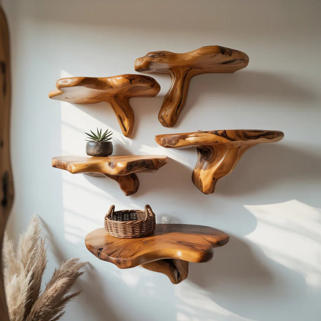 Close-up of sealed wood floating shelf showing protective finish quality