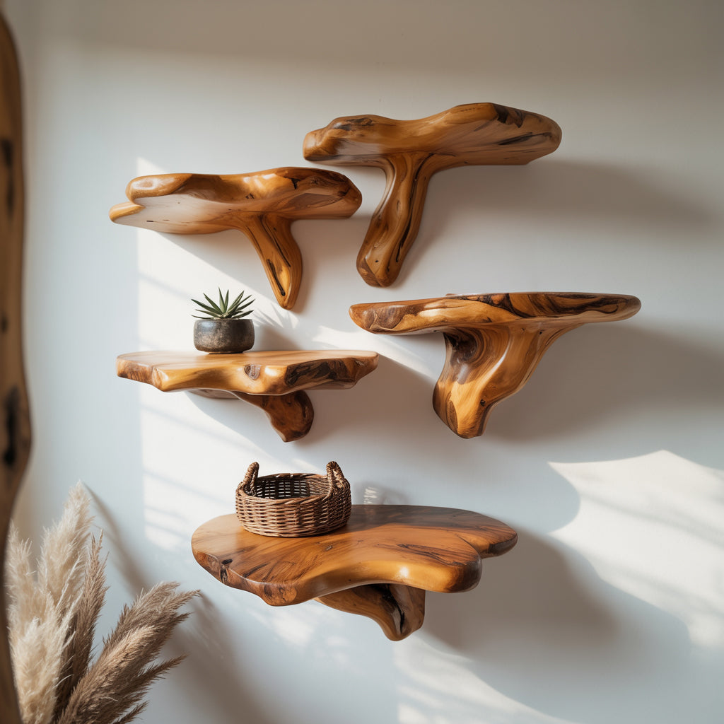 Set of four handcrafted natural wood wall shelves with smooth organic shapes and decorative items
