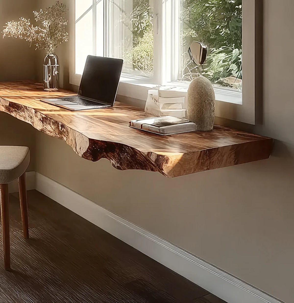 Live edge solid wood floating desk beneath window, styled with laptop, books, and decor. solid wood vs particle board desk material comparison cross section
