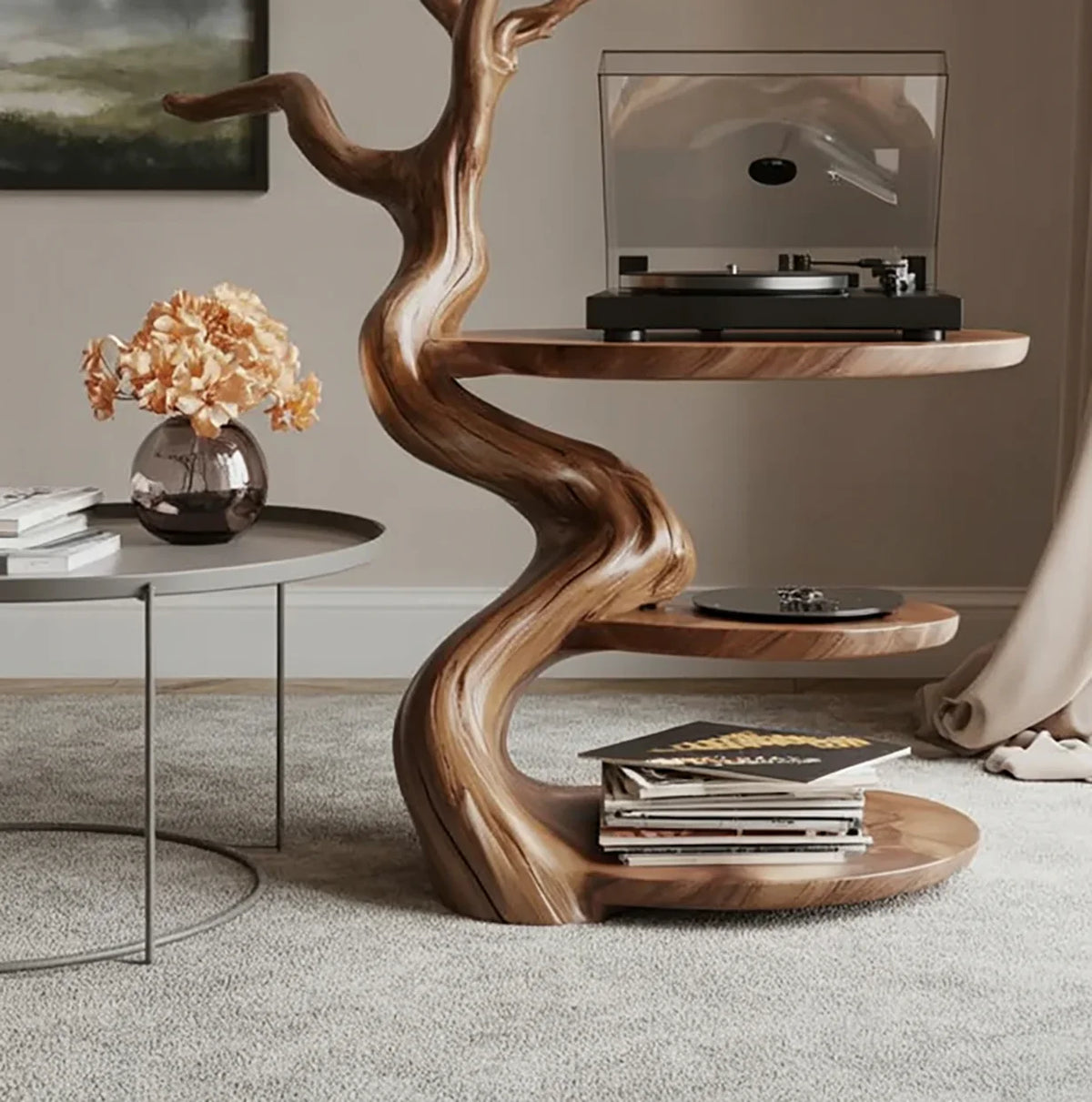 Live edge solid wood tree bookshelf with curved branches, holding a record player and books, in modern living room
