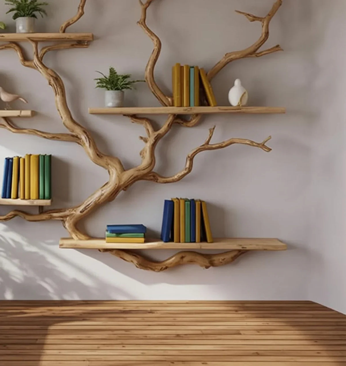 Tree bookshelf with solid wood branches, books, plants, and decor on floating shelves