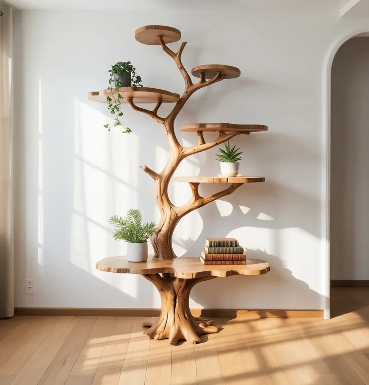Solid wood tree bookshelf with floating shelves, houseplants, and books in a sunlit room