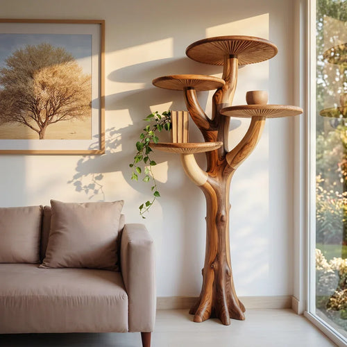 Mushroom Tree Floor Standing Shelf with 3 Tiered Cap Platforms and Branch Cup Holder - Handcrafted Solid Wood Freestanding Plant Stand and Side Table with Carved Gill Detail
