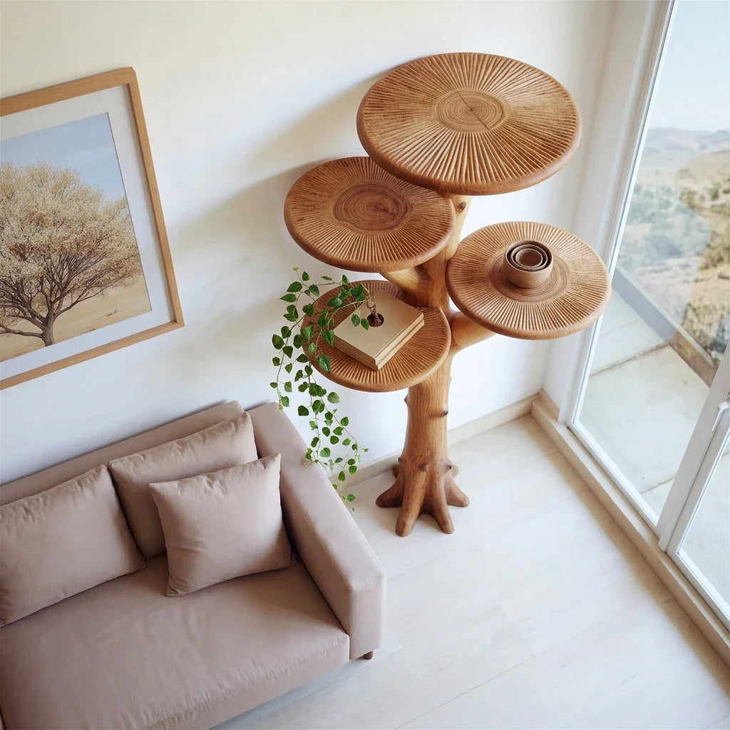 Mushroom Tree Floor Standing Shelf with 3 Tiered Cap Platforms and Branch Cup Holder - Handcrafted Solid Wood Freestanding Plant Stand and Side Table with Carved Gill Detail - Ashdeco 2026