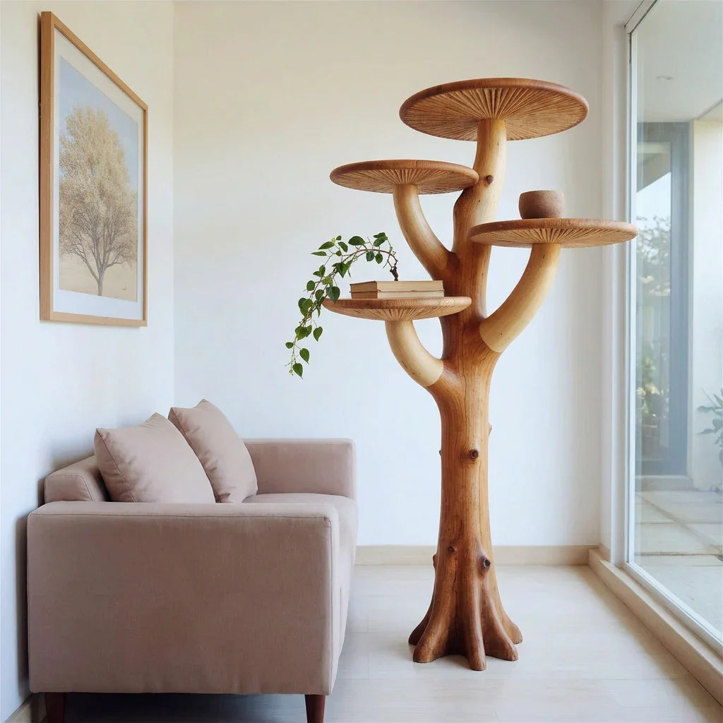 Mushroom Tree Floor Standing Shelf with 3 Tiered Cap Platforms and Branch Cup Holder - Handcrafted Solid Wood Freestanding Plant Stand and Side Table with Carved Gill Detail - Ashdeco 2026